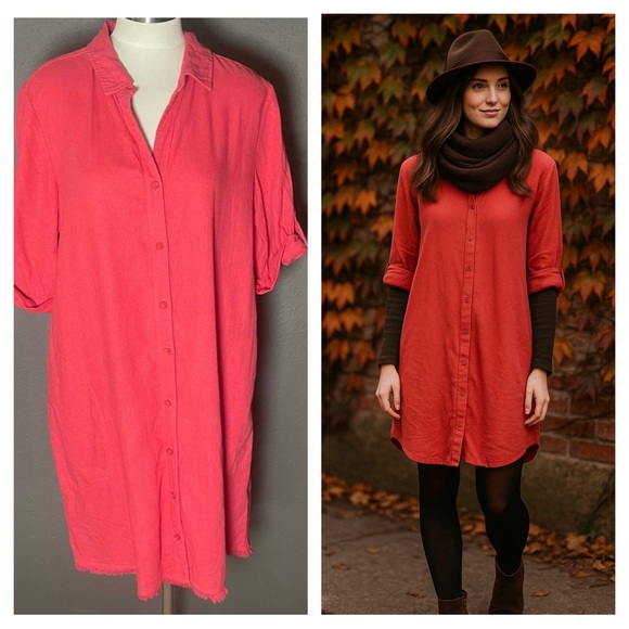 Oversized Mododoc Red Linen Blend Shirt Dress – Button Down fits like a Medium - Picture 1 of 9